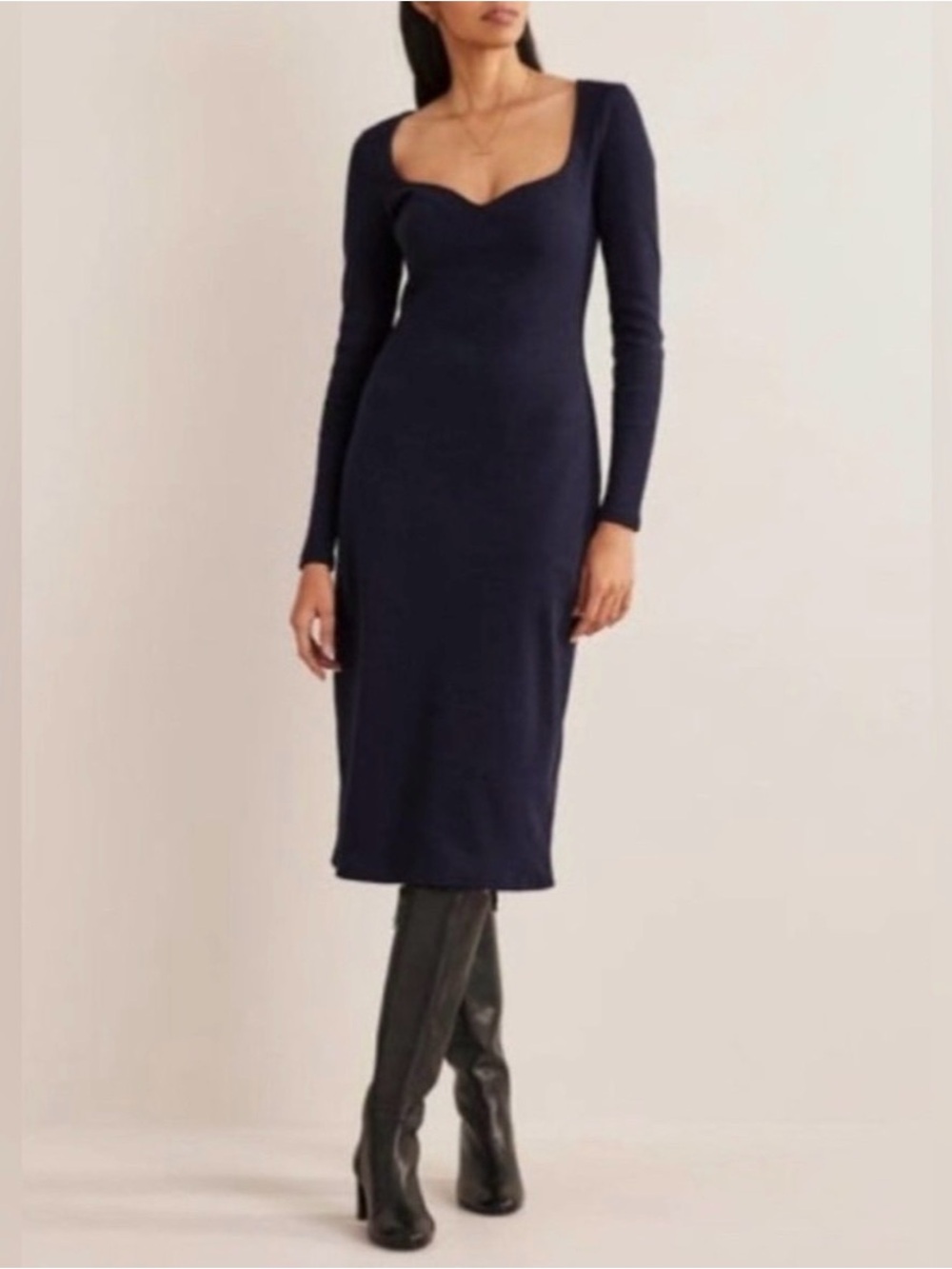 BODEN Sweetheart Ribbed Navy Blue Body Con Minimalist Fall Midi Dress 20/22R